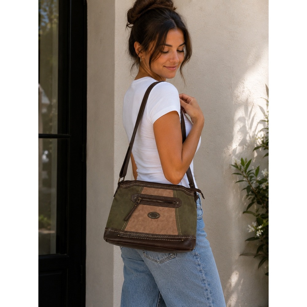 BOC Born Concept Womens Crossbody Bag Brown Green Tan Faux Suede Mixed Media